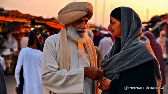 Elder and Woman Engage in Intense Dialogue at Market – AI Generated Video | Hailuo AI