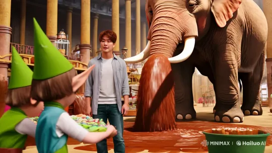 Young Man Explores Magical Elephant's Chocolate Factory – AI Generated Video | Hailuo AI