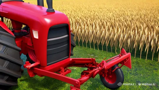 Vibrant Red Tractor and Cheerful Farmer in Golden Wheat Field – AI Generated Video | Hailuo AI