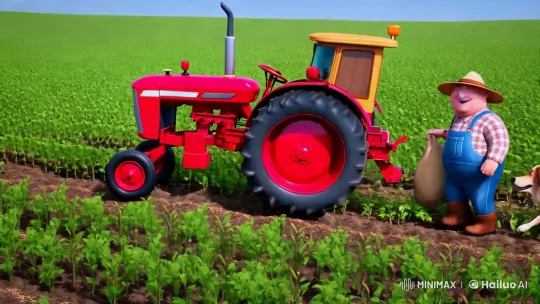 Vibrant Red Tractor and Cheerful Farmer in Animated Countryside – AI Generated Video | Hailuo AI