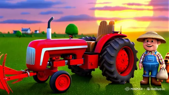 Golden Hour Farm Scene with Farmer and Tractor – AI Generated Video | Hailuo AI