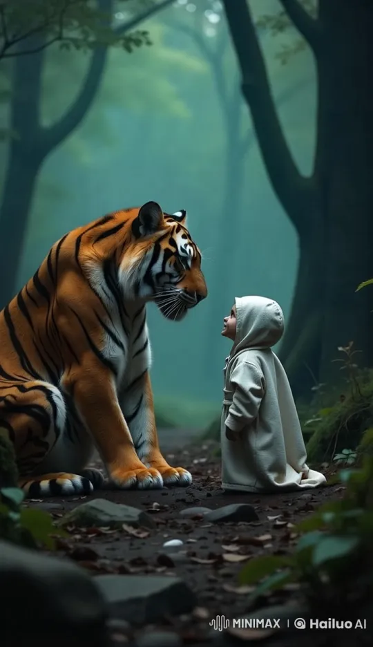 Child and Tiger Engage in a Serious Discussion in a Tranquil Forest – AI Generated Video | Hailuo AI