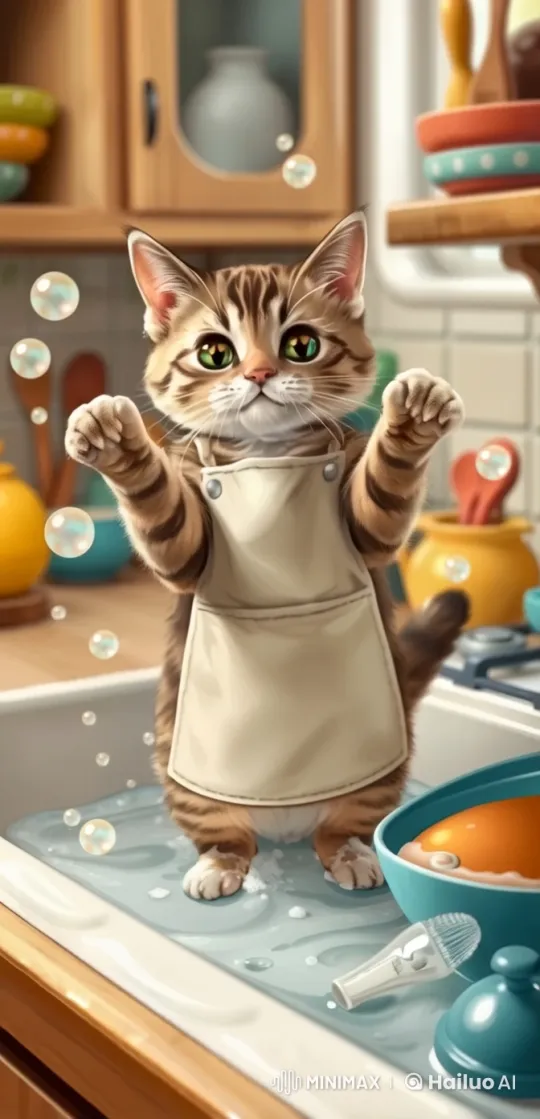 Kitten in Apron Playfully Washes Dishes in Cozy Kitchen – AI Generated Video | Hailuo AI