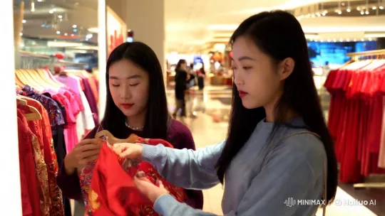 Chinese New Year Shopping Scene: Women Select Festive Attire – AI Generated Video | Hailuo AI
