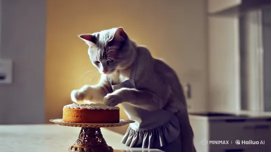 Silver-haired Cat Places Cake in Minimalist Kitchen – AI Generated Video | Hailuo AI