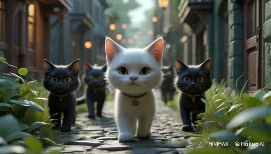 White Cat Leads Black Cats Down a Serene Alley – AI Generated Video | Hailuo AI