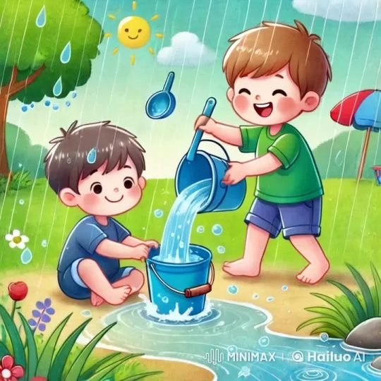 Children Joyfully Play with Water on Rainy Day – AI Generated Video | Hailuo AI