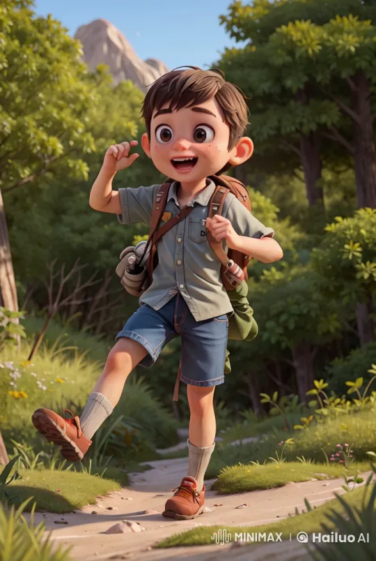 Boy's Enthusiastic Hike Through Lush Forest – AI Generated Video | Hailuo AI