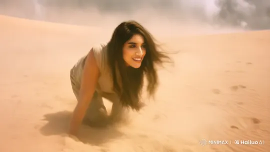 Resilience in the Desert: A Woman's Struggle Against Sandstorm – AI Generated Video | Hailuo AI