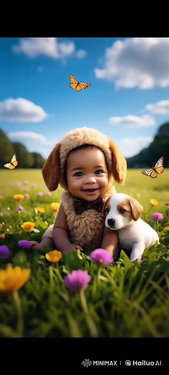 Baby in Animal Costume Enjoys Meadow with Butterflies – AI Generated Video | Hailuo AI