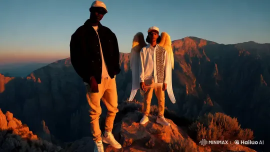 Artists Embody Dual Aesthetics on Mountain Top – AI Generated Video | Hailuo AI