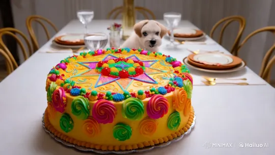 Magical Cake Transforms into Adorable Dogs in Elegant Setting – AI Generated Video | Hailuo AI
