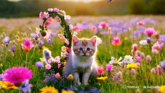 Enchanted Kitten at Dawn in a Colorful Meadow Ecosystem – AI Generated Video | Hailuo AI