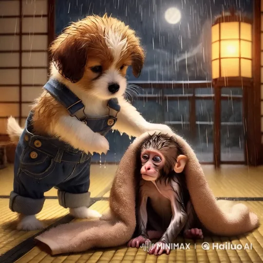 Dog Comforts Shivering Monkey in Rainy Sanctuary – AI Generated Video | Hailuo AI