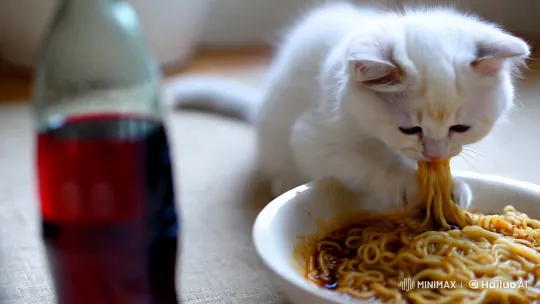 Minimalist Art Film Captures White Kitten's Graceful Noodle Meal – AI Generated Video | Hailuo AI