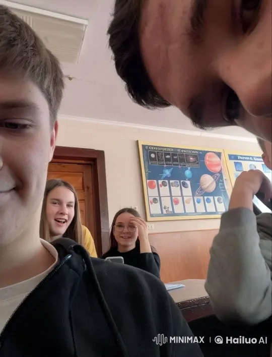 Boys Take Selfie as Girls Kiss in Background – AI Generated Video | Hailuo AI