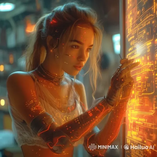 Futuristic Girl with Cybernetic Arms Interacts with Holographic Interface – AI Generated Video | Hailuo AI