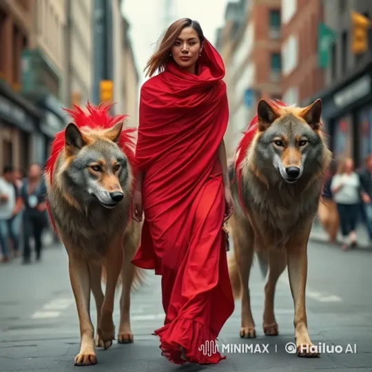 Red-Garbed Figure Leads Majestic Wolves Through City Street – AI Generated Video | Hailuo AI
