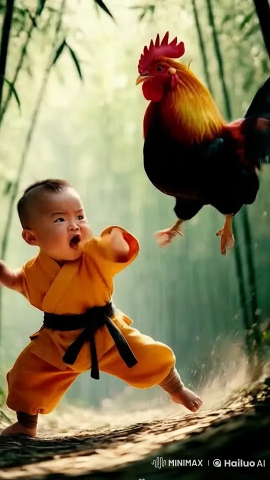 Baby Battles Rooster in Bamboo Forest Playground – AI Generated Video | Hailuo AI