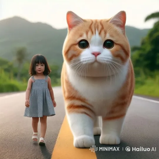 Giant Cat and Girl Stroll Joyfully Down Scenic Road – AI Generated Video | Hailuo AI