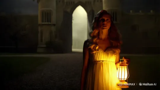 Vintage Woman Approaches Castle in Golden Lantern Light – AI Generated Video | Hailuo AI