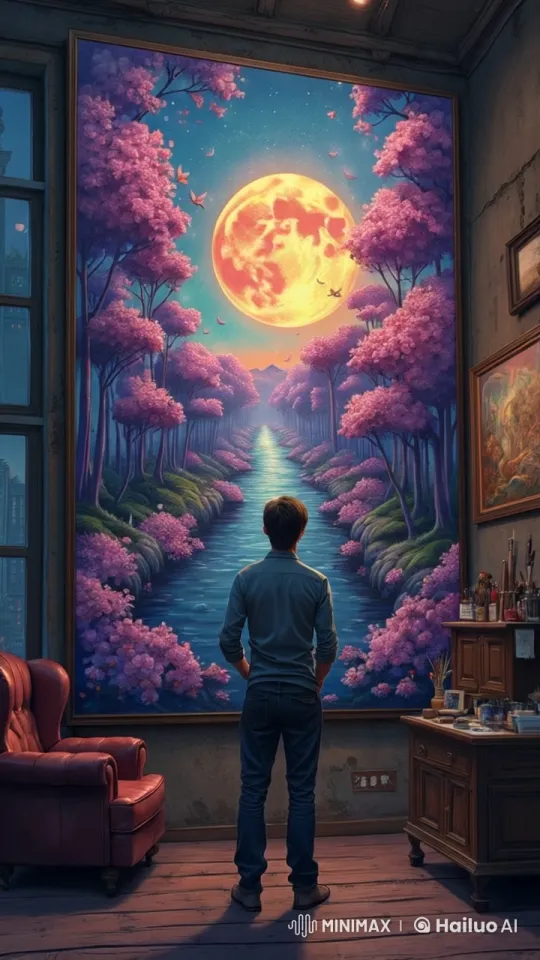 Man Enchanted by Dreamy Winter Galaxy Painting – AI Generated Video | Hailuo AI