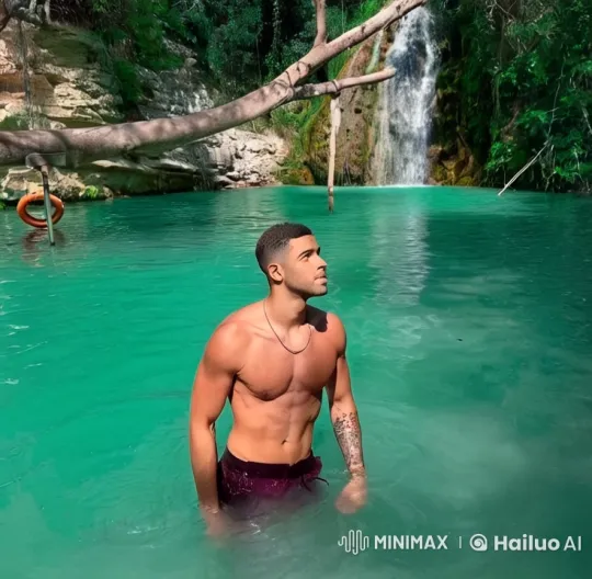 Peaceful Oasis: Man in Tranquil Waterfall Setting – AI Generated Video | Hailuo AI