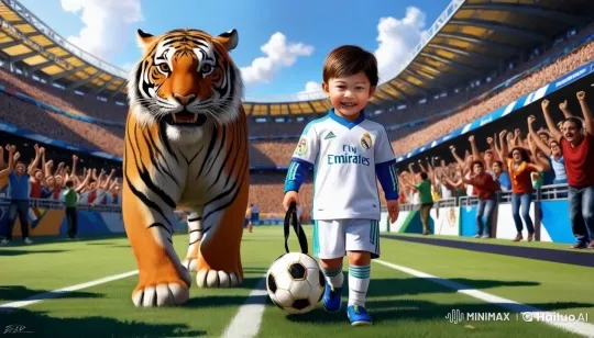 Boy and Tiger Walk onto Football Field to Cheers – AI Generated Video | Hailuo AI