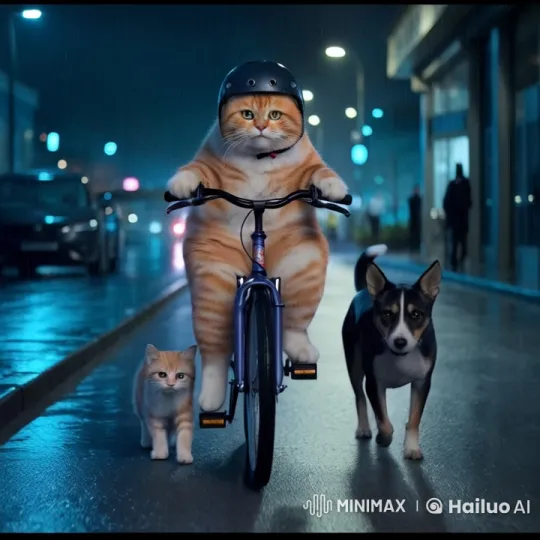 Orange Cat Rides Bike with Kitten and Dog in Rainy Night – AI Generated Video | Hailuo AI