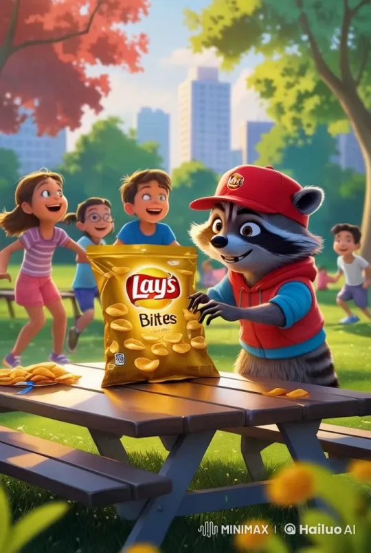 Raccoon in Red Hat Shares Chips with Kids in Park – AI Generated Video | Hailuo AI