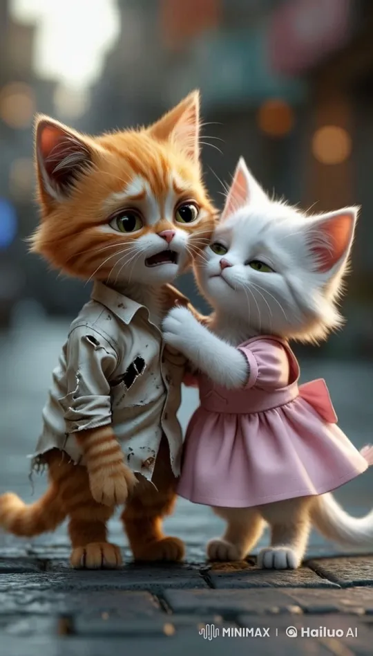 White Kitten Comforts Distressed Orange Tabby in Urban Setting – AI Generated Video | Hailuo AI