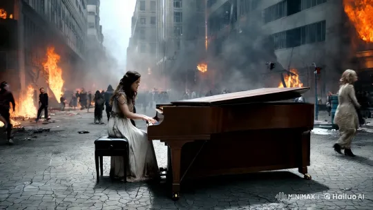 Woman Plays Piano Amidst Urban Chaos – AI Generated Video | Hailuo AI