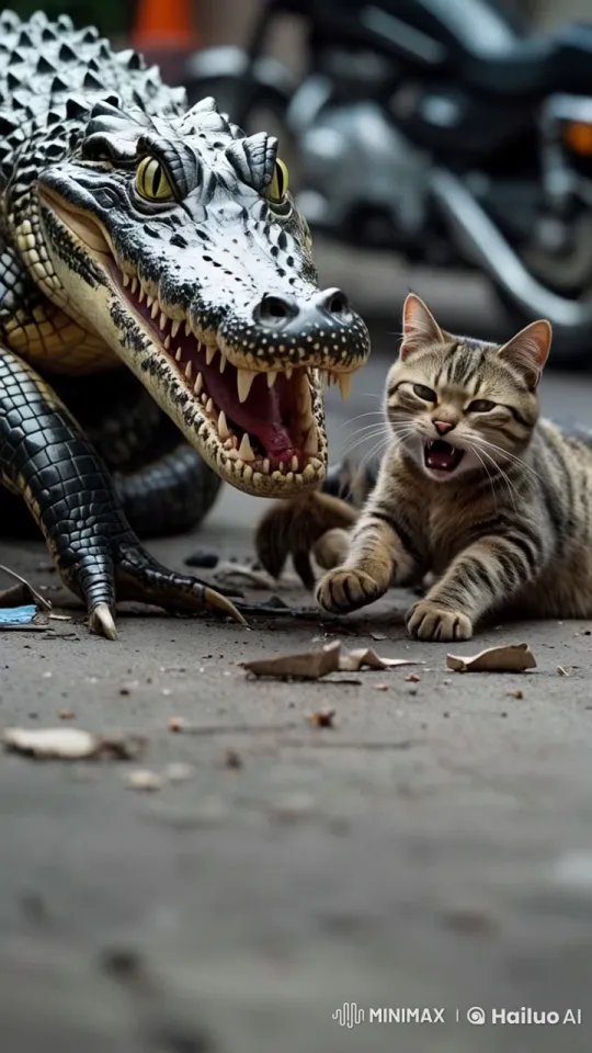 Cat and Crocodile: A Dramatic Urban Encounter – AI Generated Video | Hailuo AI