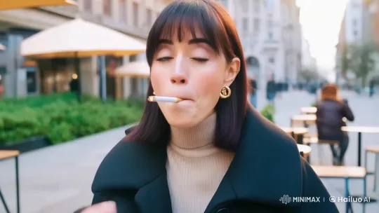 Contemplative Young Woman Smoking in Urban Cafe – AI Generated Video | Hailuo AI