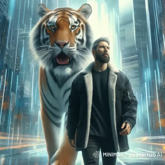 Man and Tiger Stride Through Futuristic Cityscape – AI Generated Video | Hailuo AI