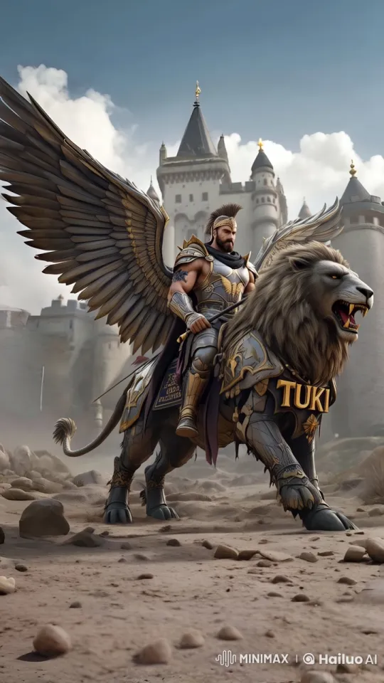 Golden King Rides Majestic Winged Lion in Medieval Castle – AI Generated Video | Hailuo AI