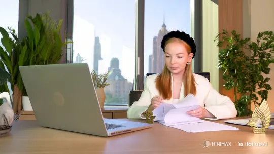 Young Professional Woman Working in Minimalist Office – AI Generated Video | Hailuo AI
