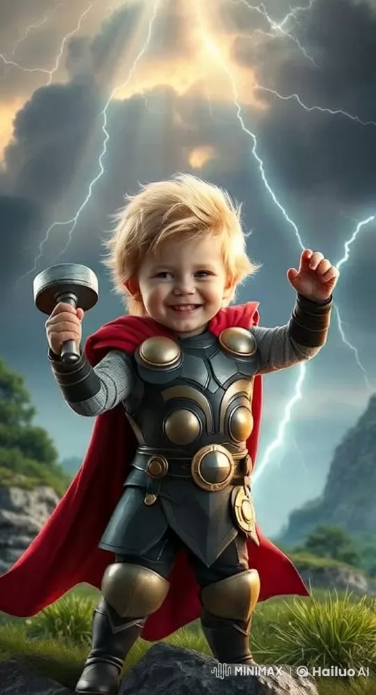 Mini Thor Child Confronts Stormy Skies – AI Generated Video | Hailuo AI