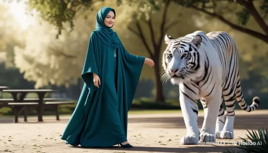 Woman Walks Gracefully with White Tiger in Park – AI Generated Video | Hailuo AI