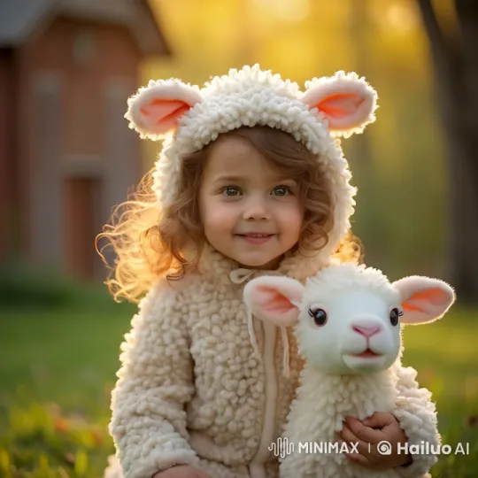 Innocent Play: Child in Sheep Costume with Stuffed Toy – AI Generated Video | Hailuo AI