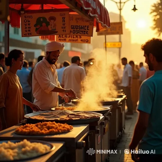 Busy Food Market at Sunset with Street Vendor – AI Generated Video | Hailuo AI