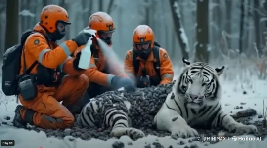 White Tiger Rescued in Snowy Forest – AI Generated Video | Hailuo AI