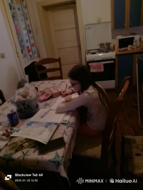Young Girl Draws as Ducks Explore Cozy Kitchen – AI Generated Video | Hailuo AI