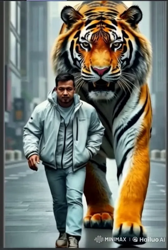 Man Walks with Majestic Tiger in Bustling City – AI Generated Video | Hailuo AI