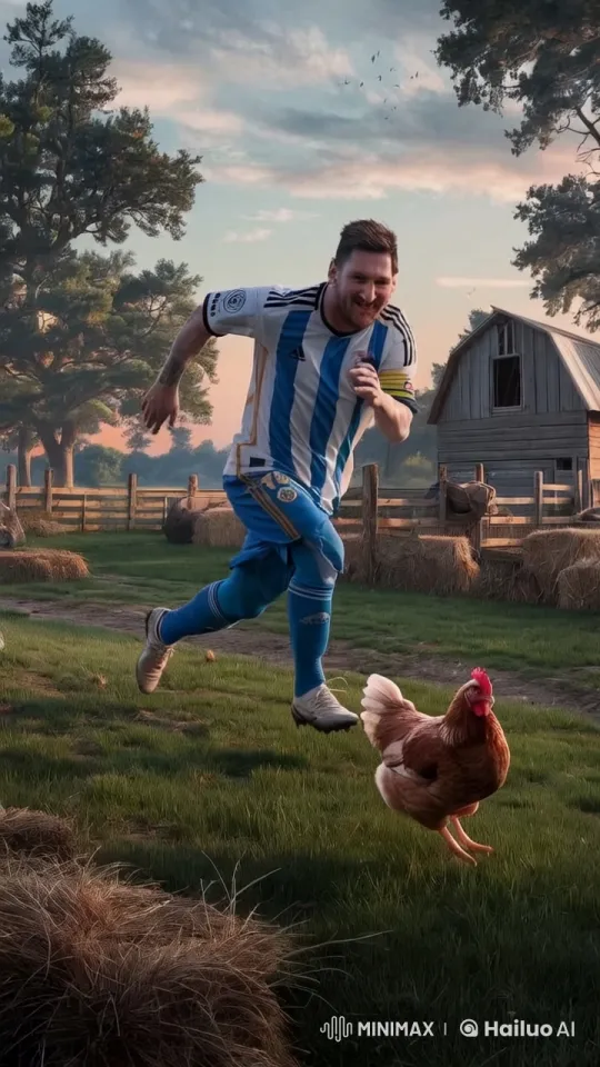 Messi Chases Chicken in Playful Farmyard Scene – AI Generated Video | Hailuo AI