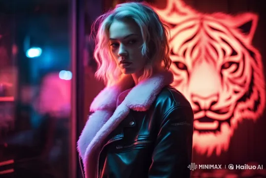 Neon-Lit Alley: Woman in Black Leather Jacket – AI Generated Video | Hailuo AI