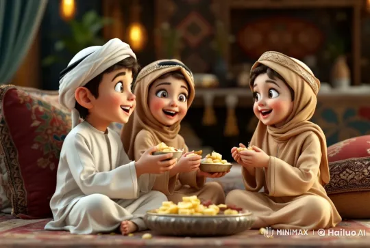 Arabic Children Enjoying Sweets in Festive Indoor Scene – AI Generated Video | Hailuo AI
