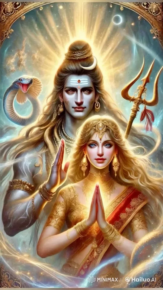 Divine Couple in Celestial Golden Attire with Cosmic Aura – AI Generated Video | Hailuo AI