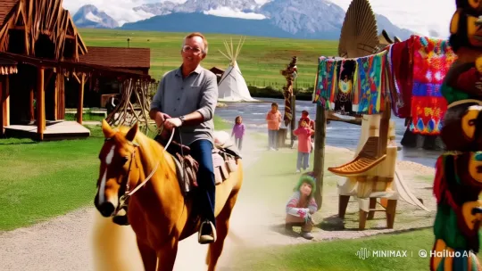 Middle-aged man rides horse through Indian reservation with grace and confidence. – AI Generated Video | Hailuo AI