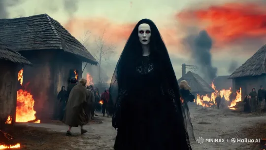 Enigmatic Woman in Flames: Slow-Motion Horror Amidst Chaos – AI Generated Video | Hailuo AI